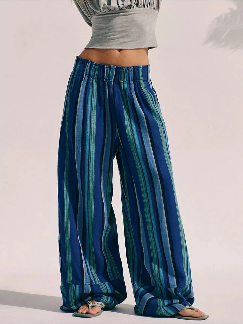 Free People Day’s End Linen Striped Pull on Pants in Navy Combo - M